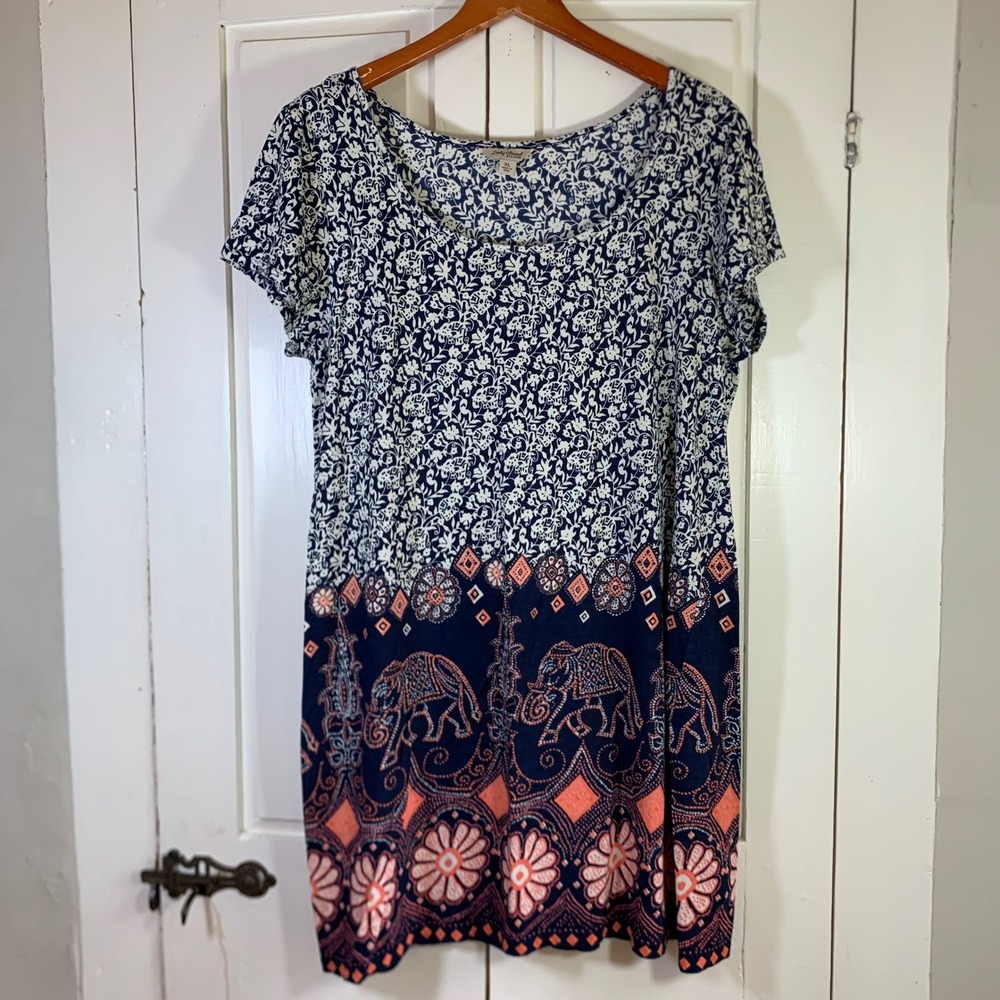 Lucky Brand Womens XL Navy Blue Elephant Floral Cotton Boho T-Shirt Mini Dress